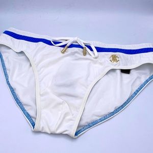 Roberto Cavalli mens white rash guard with blue trim &. Drawstring. TAG Missing